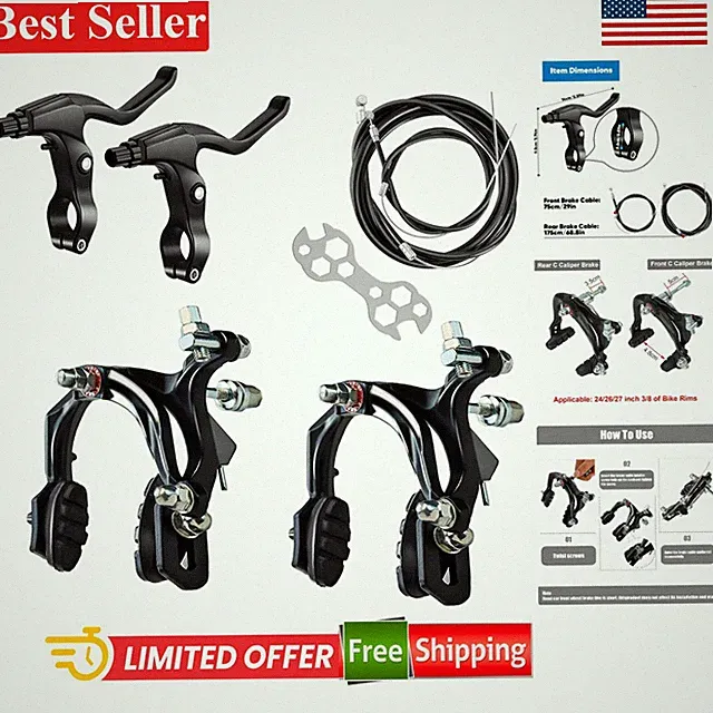 2 Pairs of Reliable V Bike Brakes Set with Cables & Levers - Black Classic Style